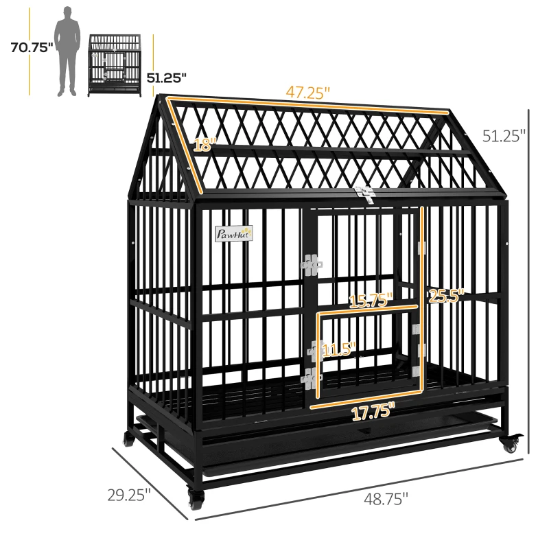 PawHut 49" Heavy Duty Dog Crate, Strong Steel Indestructible Large Dog Crate with 4 Lockable Wheels, Double Doors, Openable Top and Removable Tray, for Extra Large and Large Breeds, Black