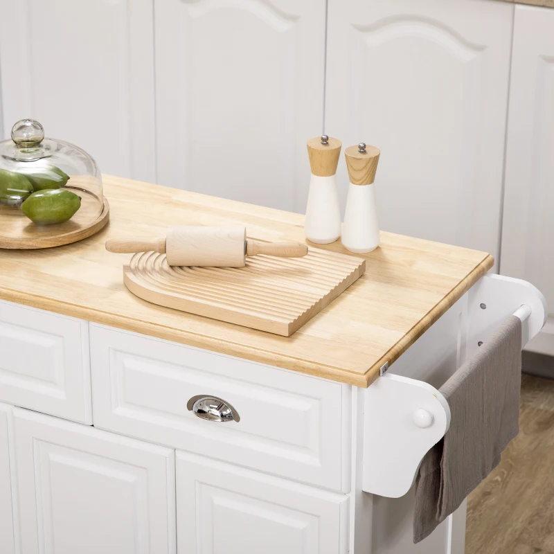 HOMCOM Kitchen Island with Storage Rolling Kitchen Serving Cart with Rubber Wood Top Towel Rack Storage Drawer Cabinet, White