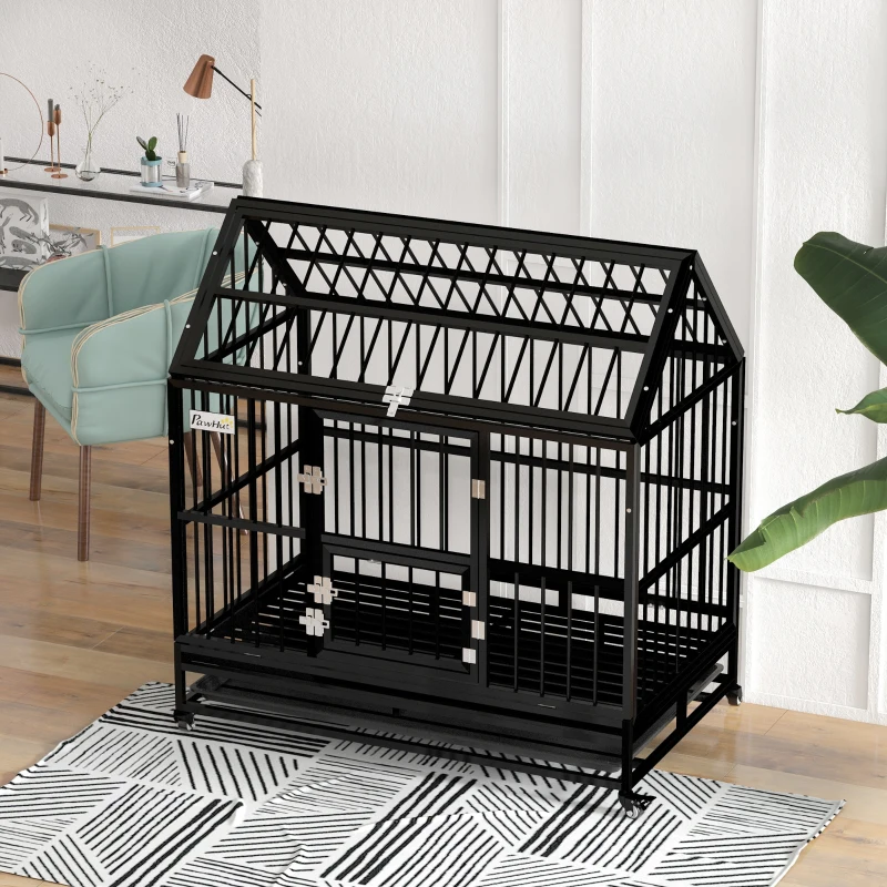 PawHut 49" Heavy Duty Dog Crate, Strong Steel Indestructible Large Dog Crate with 4 Lockable Wheels, Double Doors, Openable Top and Removable Tray, for Extra Large and Large Breeds, Black