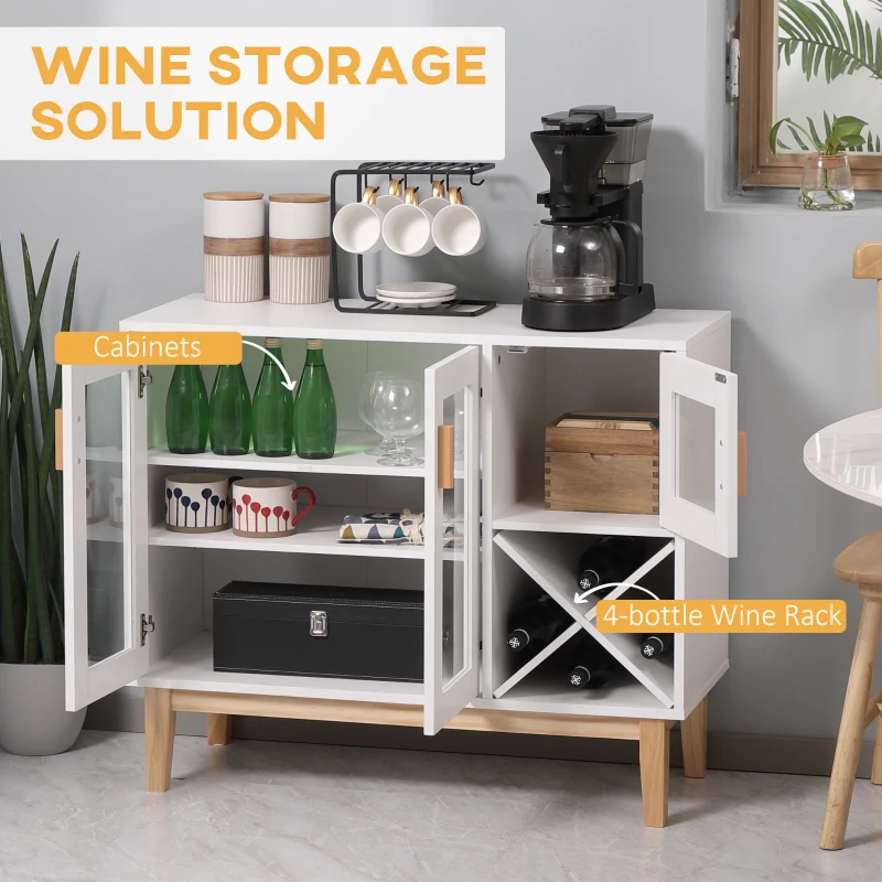 HOMCOM Kitchen Sideboard, Coffee Bar Cabinet, Buffet Cabinet with 4-Bottle Wine Rack, Glass Door and Adjustable Shelves, White
