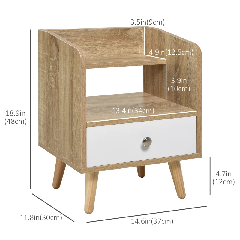HOMCOM Bedside Table with 2-tier Shelf and Drawer, Side End Table with Storage for Living Room, Bedroom, Natural