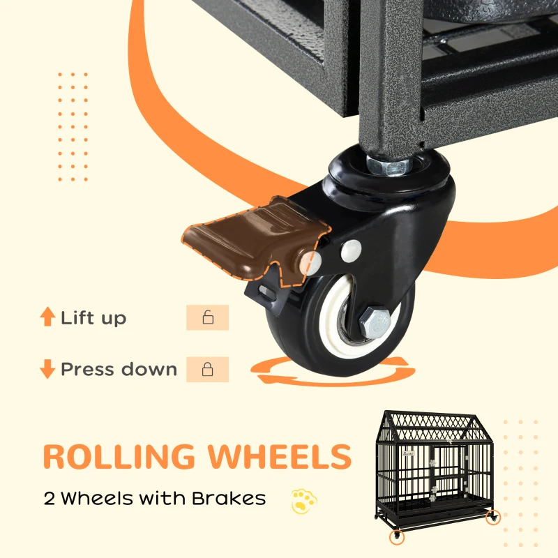 PawHut 49" Heavy Duty Dog Crate, Strong Steel Indestructible Large Dog Crate with 4 Lockable Wheels, Double Doors, Openable Top and Removable Tray, for Extra Large and Large Breeds, Black