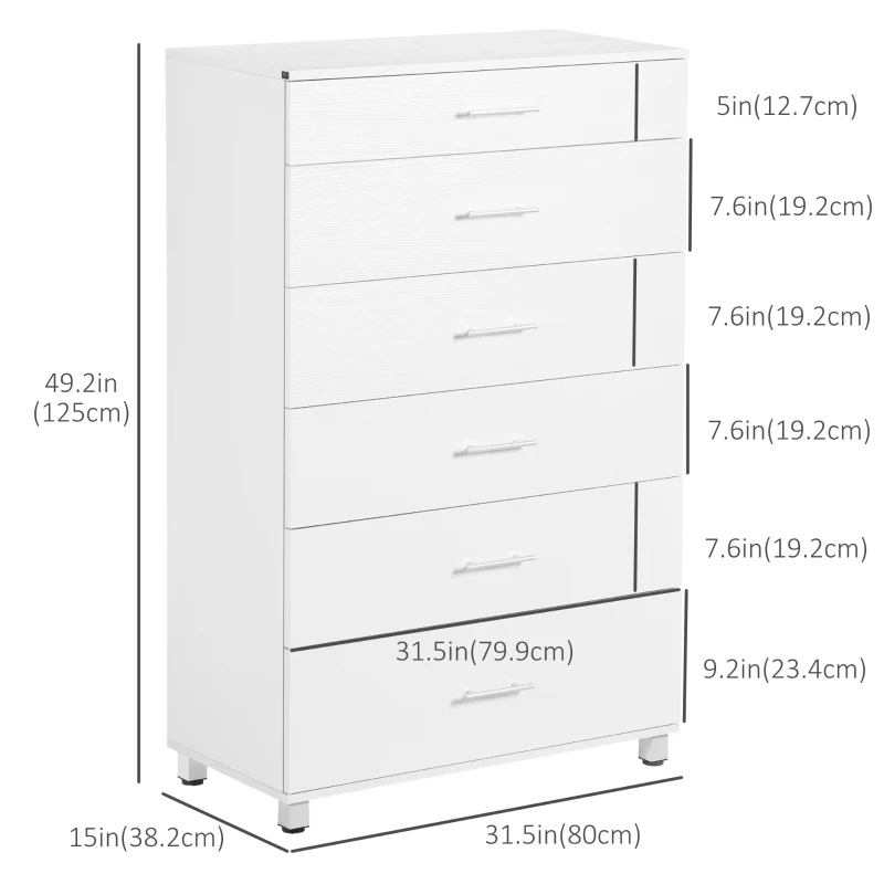 HOMCOM 6 Drawer Cabinet, Drawer Chest for Bedroom, Storage Organiser with Metal Runners and Handles for Living Room, White