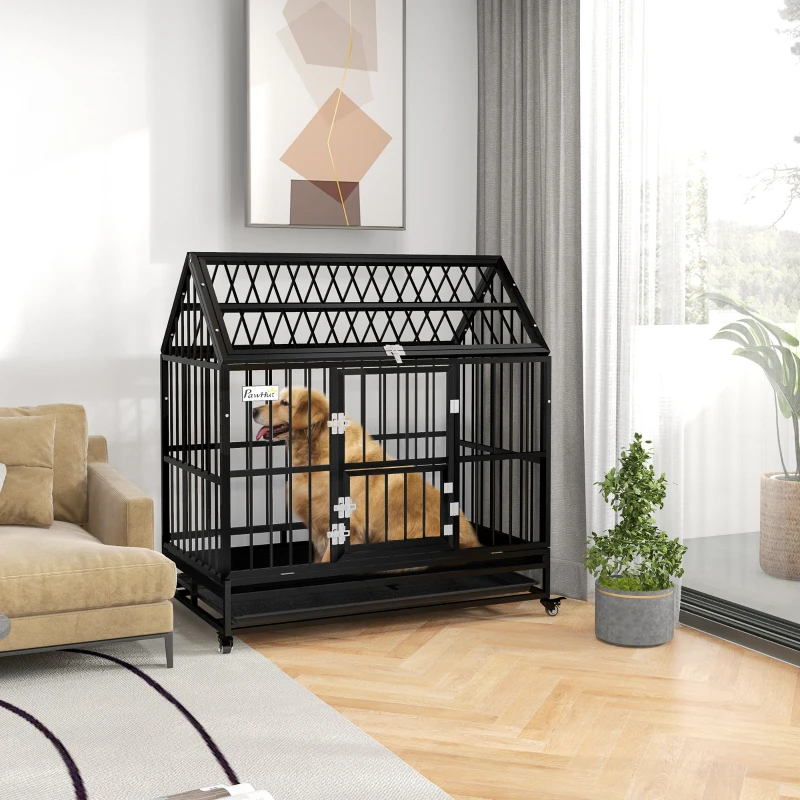 PawHut 49" Heavy Duty Dog Crate, Strong Steel Indestructible Large Dog Crate with 4 Lockable Wheels, Double Doors, Openable Top and Removable Tray, for Extra Large and Large Breeds, Black