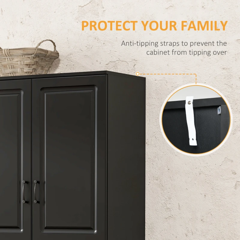 HOMCOM 71" Freestanding Kitchen Pantry Cabinet, Storage Cabinet with 4 Hinged Doors and Adjustable Shelves, Black