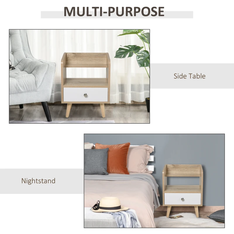 HOMCOM Bedside Table with 2-tier Shelf and Drawer, Side End Table with Storage for Living Room, Bedroom, Natural