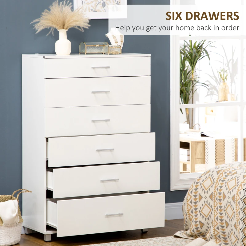 HOMCOM 6 Drawer Cabinet, Drawer Chest for Bedroom, Storage Organiser with Metal Runners and Handles for Living Room, White