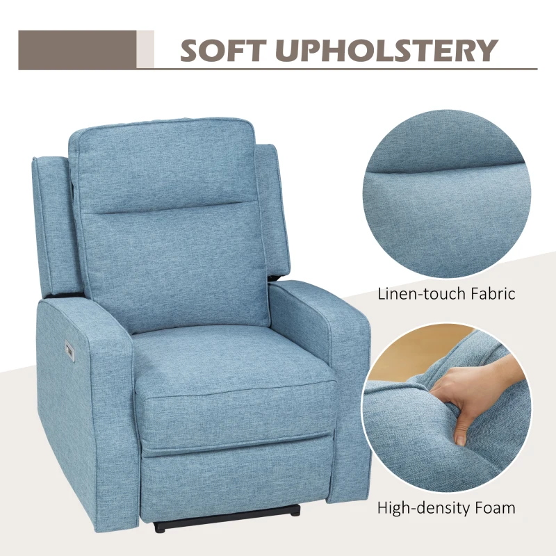 HOMCOM Electric Power Recliner, Wall Hugger Armchair with USB Charging Station, Sofa Recliner with Linen Upholstered Seat and Retractable Footrest, Blue
