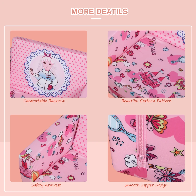 Qaba Kids Fold-Out Couch/Chair Lounger with Space-Themed Washable Fabric & Removable Cushion for 3-6 Years Old, Pink