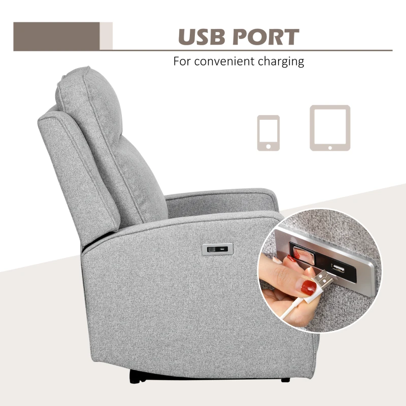 HOMCOM Electric Power Recliner, Wall Hugger Armchair with USB Charging Station, Sofa Recliner with Linen Upholstered Seat and Retractable Footrest, Gray