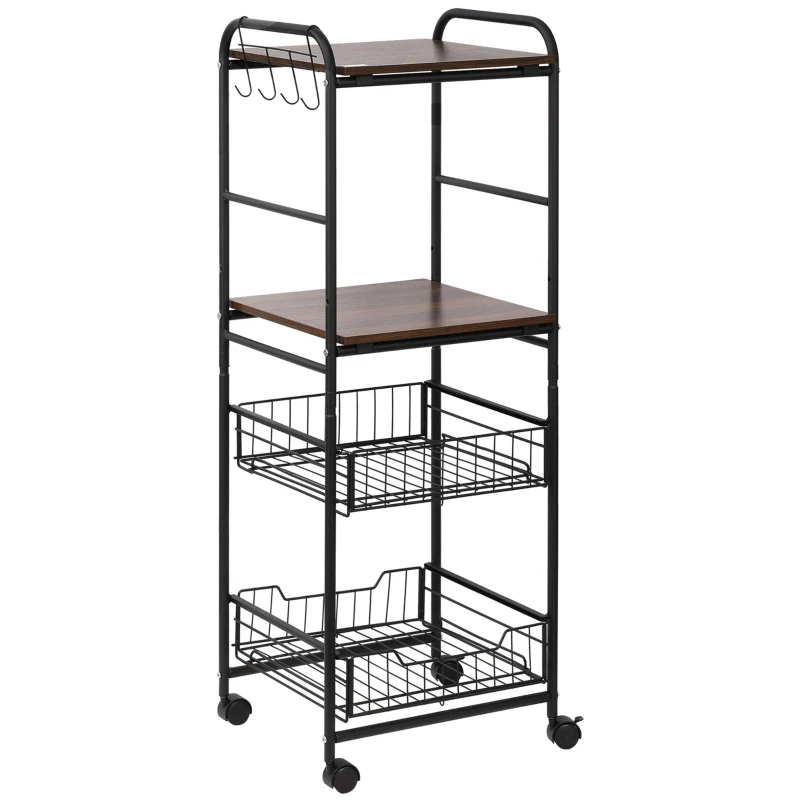 HOMCOM 4 Tier Rolling Kitchen Cart, Utility and Industrial Storage Cart with 2 Basket Drawers, Side Hooks for Dining Room, Walnut