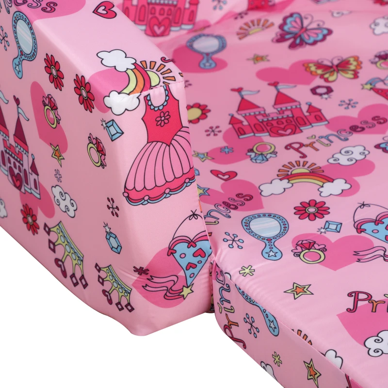 Qaba Kids Fold-Out Couch/Chair Lounger with Space-Themed Washable Fabric & Removable Cushion for 3-6 Years Old, Pink