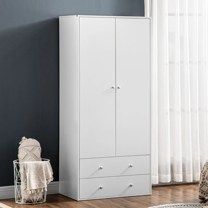 HOMCOM Modern Wardrobe Closet Armoire with 2 Drawers and Hanging Rod, Clothes Storage Organizer with Anti-tipping Design for Bedroom, White