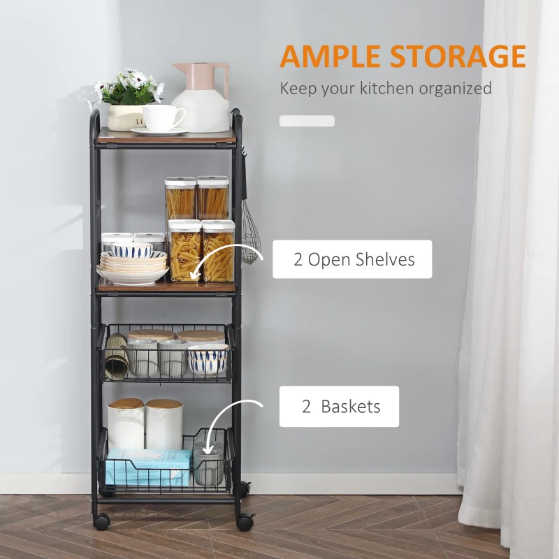 HOMCOM 4 Tier Rolling Kitchen Cart, Utility and Industrial Storage Cart with 2 Basket Drawers, Side Hooks for Dining Room, Walnut