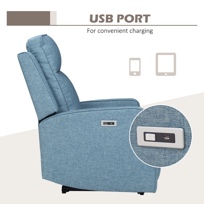 HOMCOM Electric Power Recliner, Wall Hugger Armchair with USB Charging Station, Sofa Recliner with Linen Upholstered Seat and Retractable Footrest, Blue