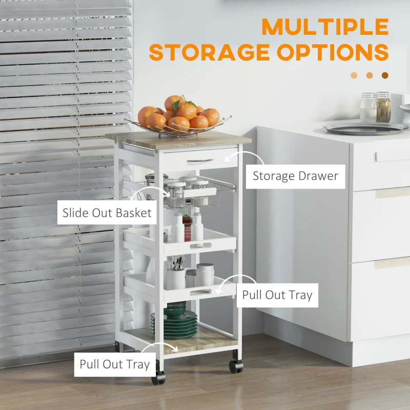 HOMCOM Rolling Kitchen Island Cart, Mobile Utility Storage Cart with Drawer, Wire Storage Basket, Removable Tray, White