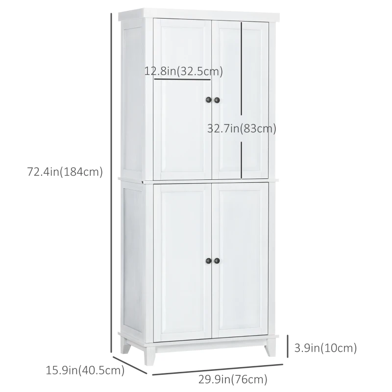 HOMCOM 72.5" Wood Kitchen Pantry Cabinet, Farmhouse Storage Organizer with 2 Adjustable Shelves, Soft Close, White