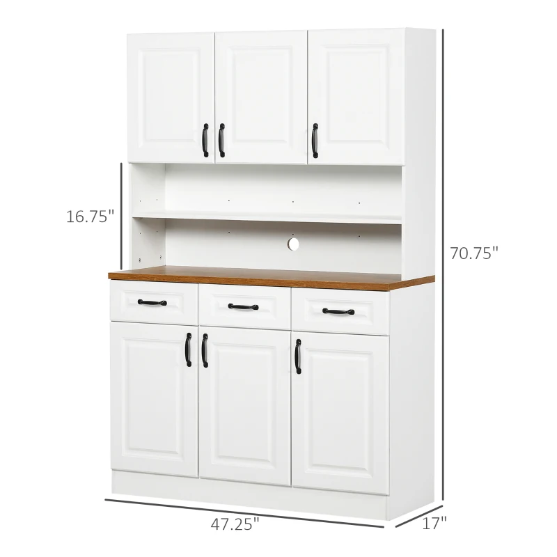 HOMCOM 71" Freestanding Kitchen Pantry, Buffet Hutch, Farmhouse Cabinet, Microwave Stand with 3 Drawers, 6 Doors, Adjustable Shelves, White