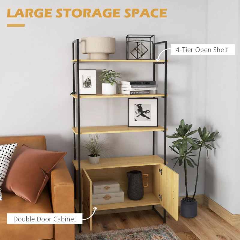 HOMCOM 4-Tier Bookshelf with Double Door Cabinet, Industrial Bookcase, Shelving Unit with Open Shelves and Metal Frame for Living Room, Oak