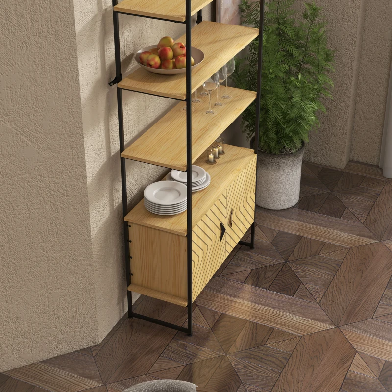 HOMCOM 4-Tier Bookshelf with Double Door Cabinet, Industrial Bookcase, Shelving Unit with Open Shelves and Metal Frame for Living Room, Oak