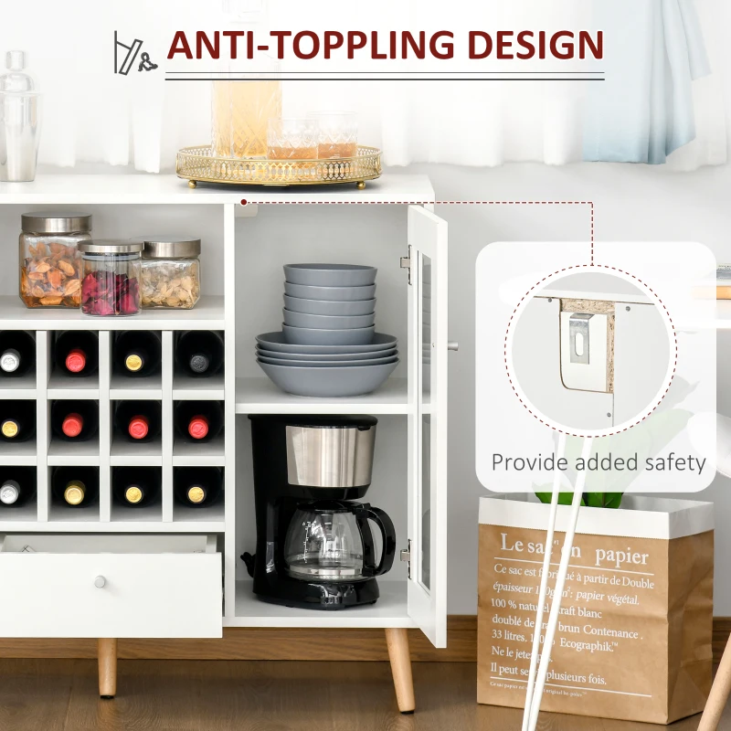 HOMCOM Sideboard Storage Cabinet, Kitchen Cupboard with Glass Doors, Drawer, 12-Bottle Wine Rack for Living Room, White