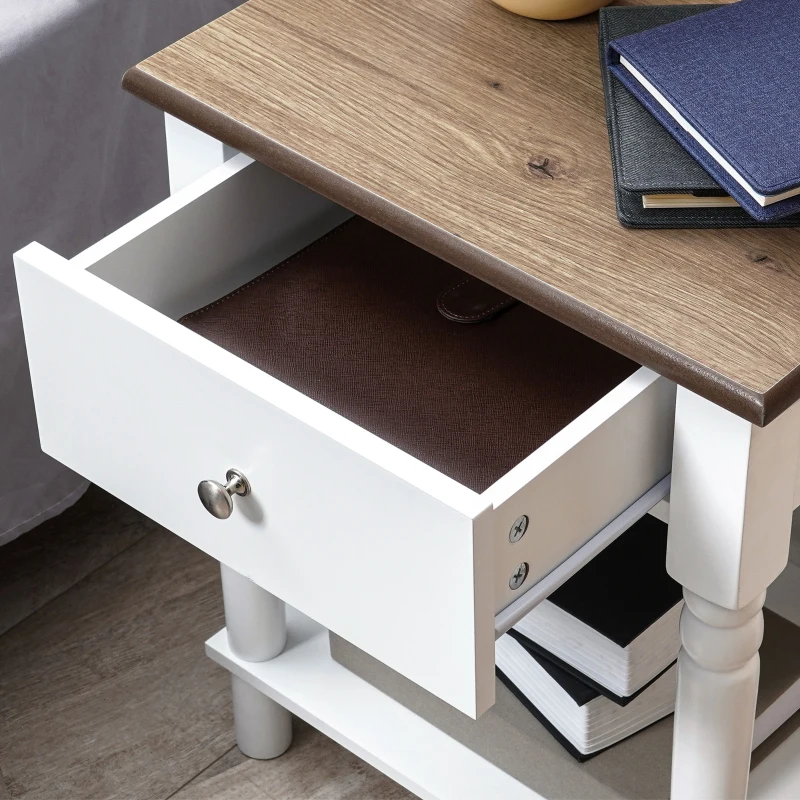 HOMCOM Nightstand, Bedside Table with Drawer and Open Shelf, Side End Table with Wood Legs for Bedroom, White