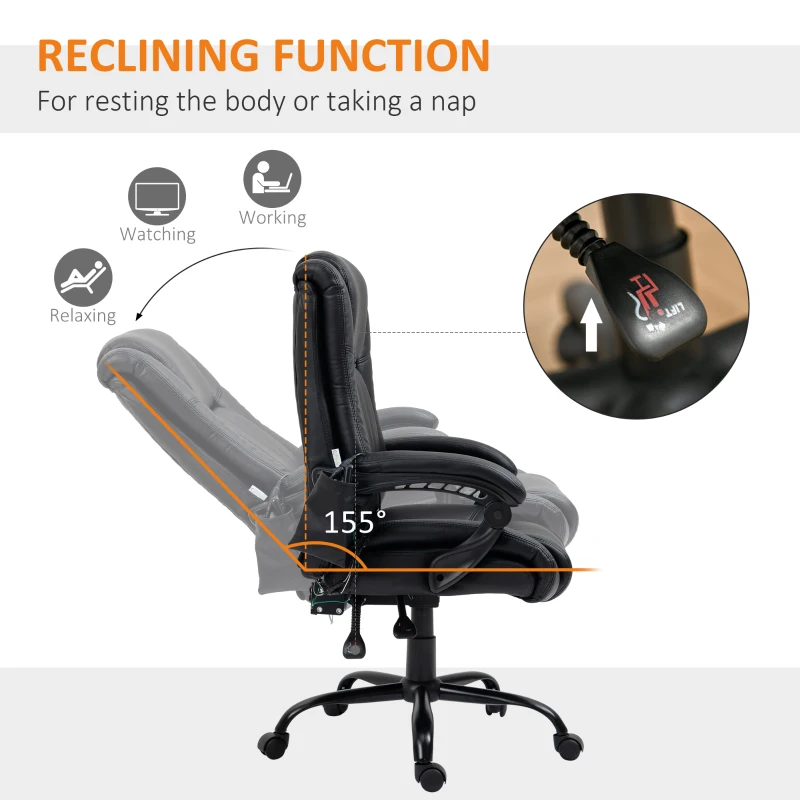 Vinsetto High Back Vibration Massage Office Chair with 6 Vibration Points, Reclining PU Leather Computer Chair with Armrest and Remote, Black