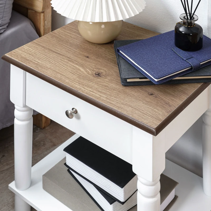 HOMCOM Nightstand, Bedside Table with Drawer and Open Shelf, Side End Table with Wood Legs for Bedroom, White