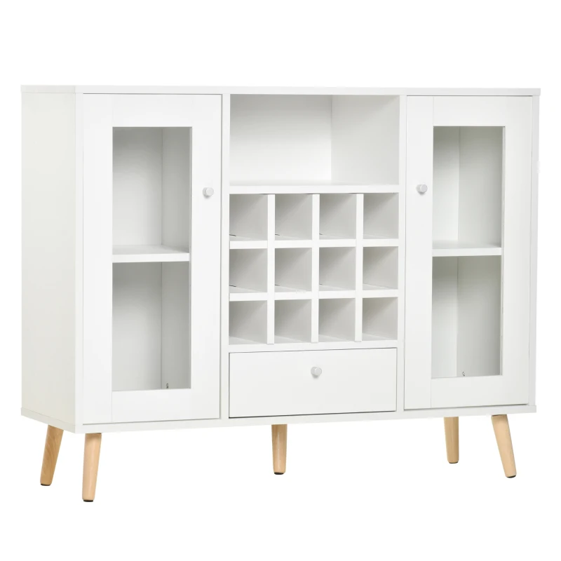 HOMCOM Sideboard Storage Cabinet, Kitchen Cupboard with Glass Doors, Drawer, 12-Bottle Wine Rack for Living Room, White