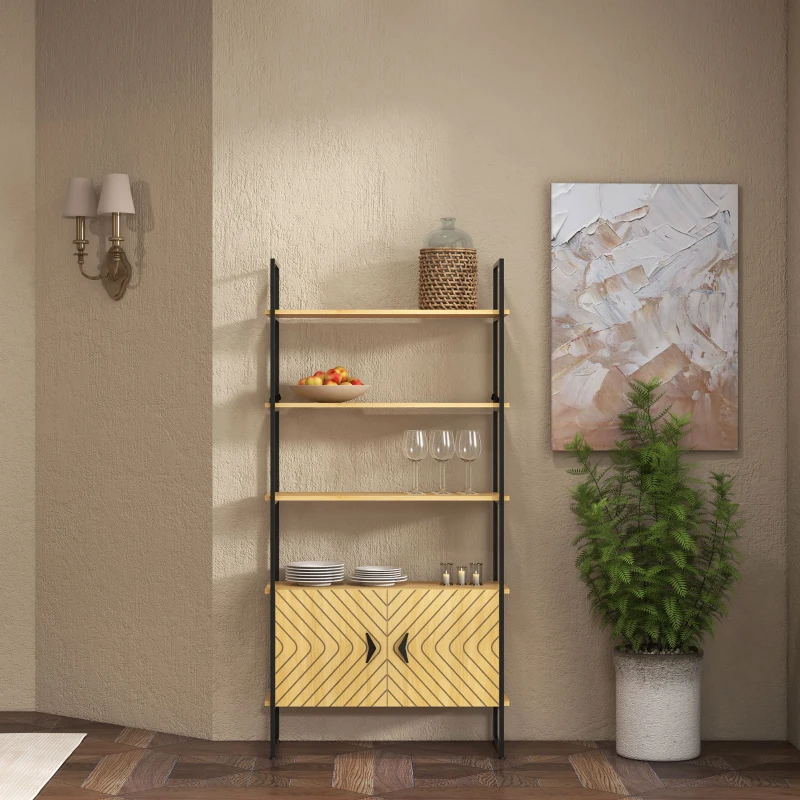 HOMCOM 4-Tier Bookshelf with Double Door Cabinet, Industrial Bookcase, Shelving Unit with Open Shelves and Metal Frame for Living Room, Oak