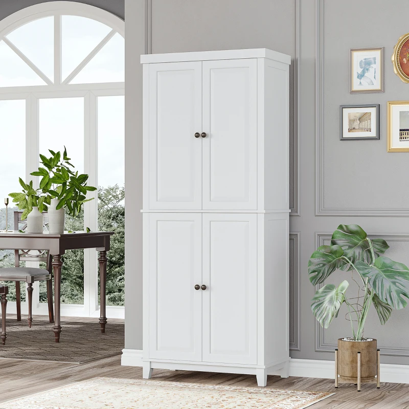 HOMCOM Freestanding Kitchen Pantry Cabinet, 72.5" Tall Storage Cupboard with 4 Doors, Adjustable Shelves, Ideal for Dining Room, Pine White Finish