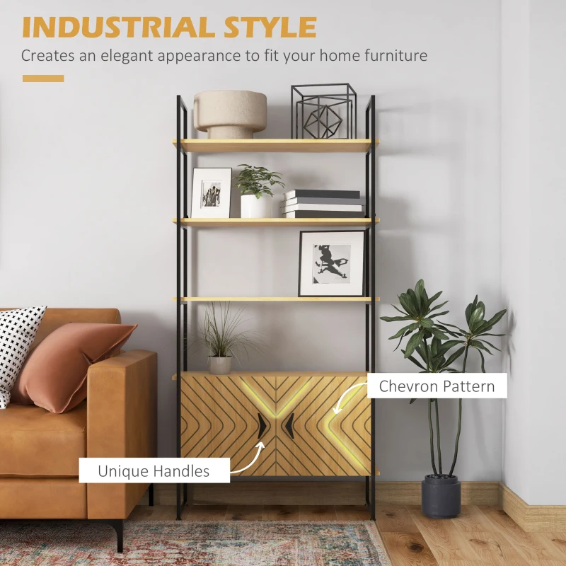 HOMCOM 4-Tier Bookshelf with Double Door Cabinet, Industrial Bookcase, Shelving Unit with Open Shelves and Metal Frame for Living Room, Oak