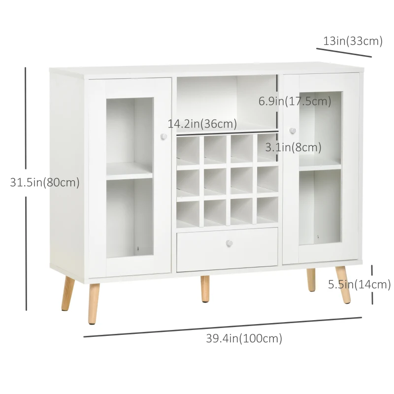 HOMCOM Sideboard Storage Cabinet, Kitchen Cupboard with Glass Doors, Drawer, 12-Bottle Wine Rack for Living Room, White