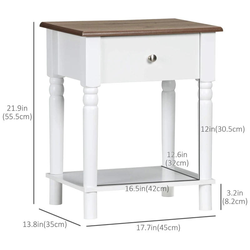 HOMCOM Nightstand, Bedside Table with Drawer and Open Shelf, Side End Table with Wood Legs for Bedroom, White