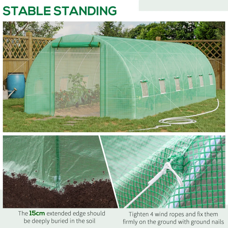 Outsunny 26' x 10' x 6.6' Walk-in Tunnel Hoop Greenhouse, PE Cover, Steel Frame, Roll-Up Zipper Door & 12 Mesh Windows for Flowers, Vegetables, Tropical Plants, Green