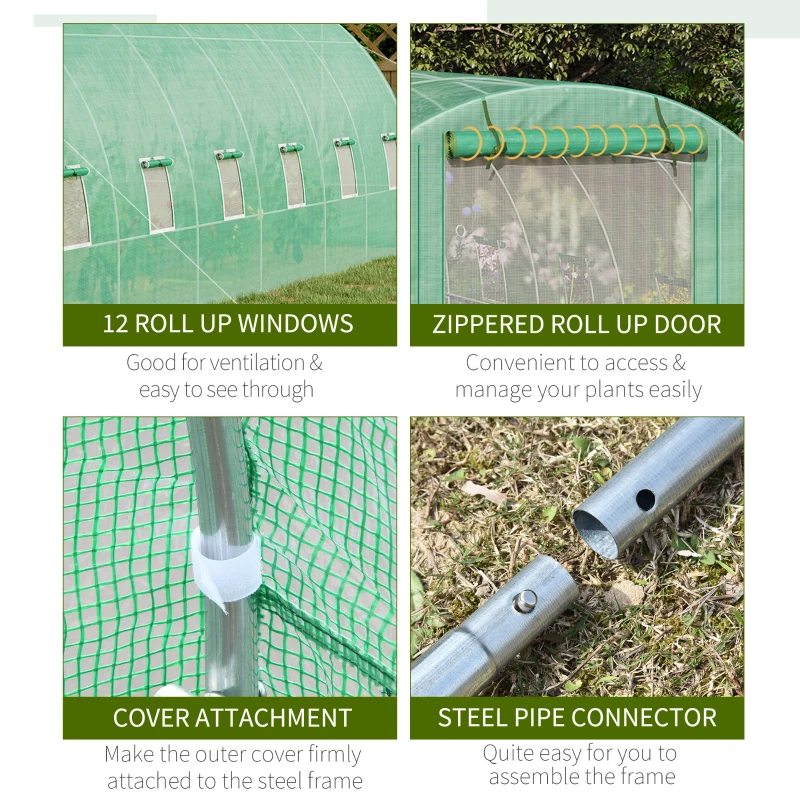 Outsunny 26' x 10' x 6.6' Walk-in Tunnel Hoop Greenhouse, PE Cover, Steel Frame, Roll-Up Zipper Door & 12 Mesh Windows for Flowers, Vegetables, Tropical Plants, Green