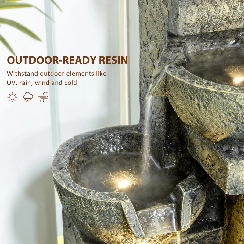 Outsunny Small Outdoor Fountain with 4-Tier Stone Bowls, Adjustable Waterfall Flow & LED Lights, Perfect for Patio & Zen Garden, Gray(m-7)