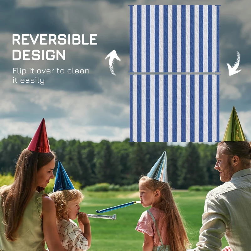 Outsunny Reversible Outdoor Rug Carpet, 9' x 12' Waterproof Plastic Straw Rug, Portable RV Camping Rugs with Carry Bag, Large Floor Mat for Backyard, Deck, Picnic, Beach, Blue & White Striped