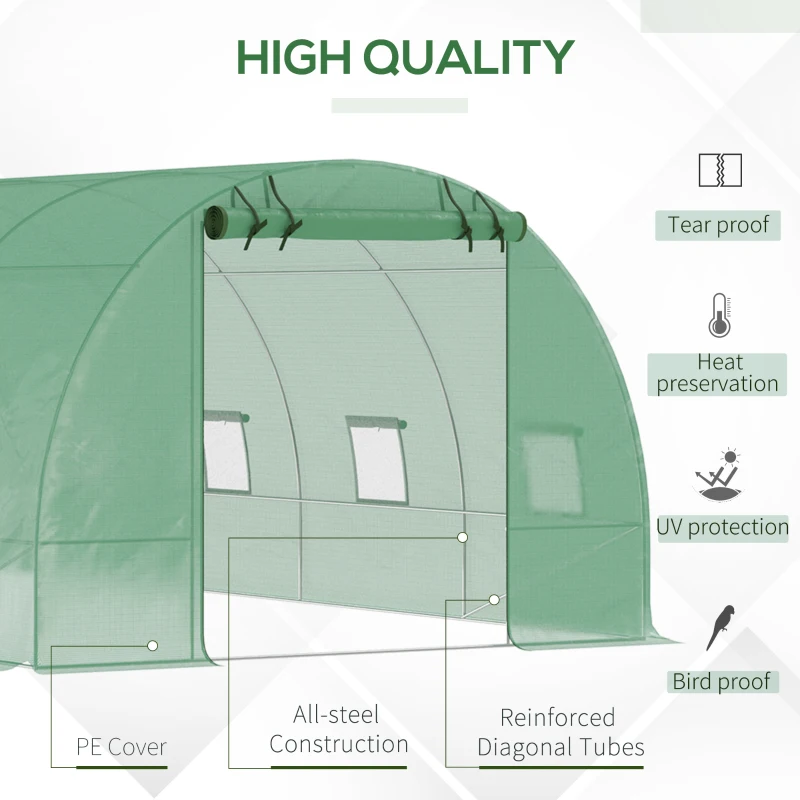 Outsunny 26' x 10' x 6.6' Walk-in Tunnel Hoop Greenhouse, PE Cover, Steel Frame, Roll-Up Zipper Door & 12 Mesh Windows for Flowers, Vegetables, Tropical Plants, Green