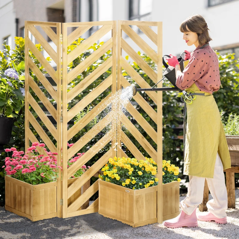 Outsunny Decorative Outdoor Privacy Screen, Freestanding Divider/Separator with 4 Self-Draining Planters, 3 Trellis Plant Support Panels for Garden Walkway, Backyard, Natural Wood