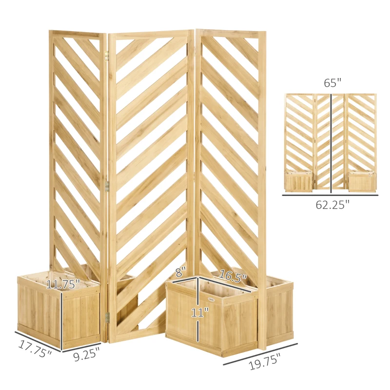 Outsunny Decorative Outdoor Privacy Screen, Freestanding Divider/Separator with 4 Self-Draining Planters, 3 Trellis Plant Support Panels for Garden Walkway, Backyard, Natural Wood