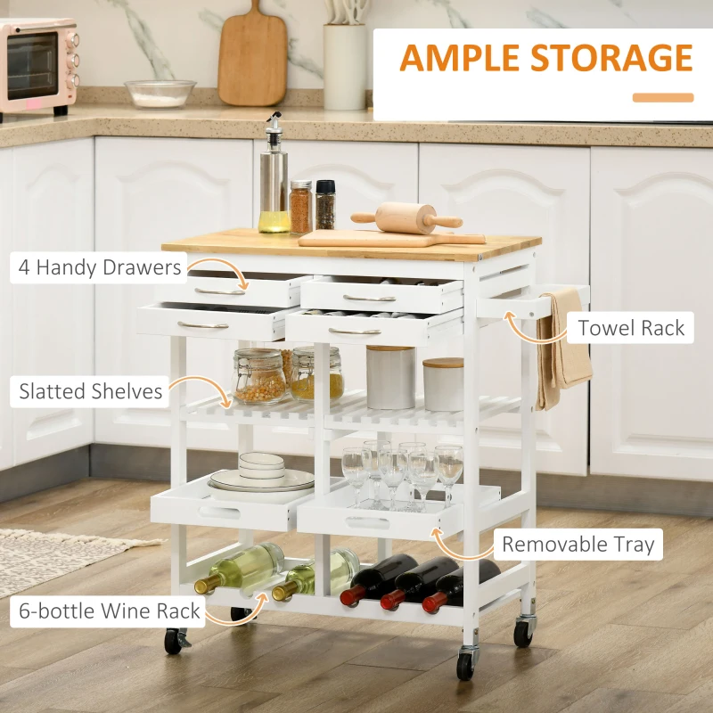 HOMCOM Kitchen Island with Storage, Bar Cart with 6-Bottle Wine Rack, Kitchen Cart with Natural Wood Top, 4 Drawers, 2 Removable Tray for Dining Room, Living Room, White