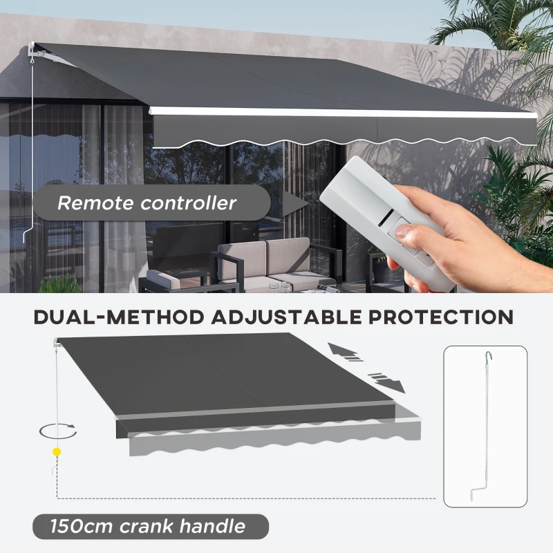 Outsunny 12' x 10' Electric Awning, Retractable Awning, UV Protection Sun Shade Shelter with Remote Controller and Manual Crank Handle for Deck, Balcony, Yard, Black(m-4)