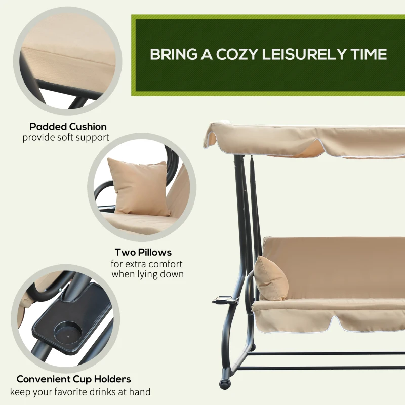 Outsunny Heavy-duty Metal 3 Seater Outdoor Swing Chair Garden Hammock Bed with Canopy and 2 Pillows Beige