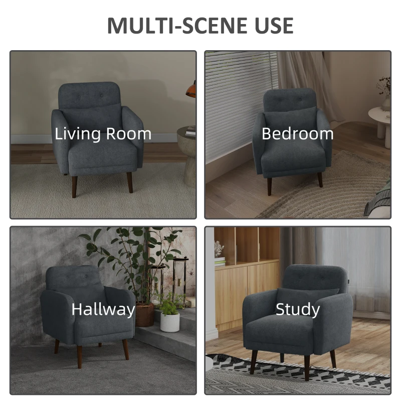 HOMCOM Armchair, Fabric Accent Chair, Modern Living Room Chair with Wood Legs and Throw Cushions for Bedroom, Grey