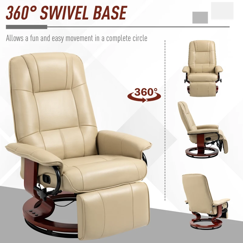 HOMCOM Faux Leather Manual Recliner, Adjustable Swivel Lounge Chair with Footrest, Armrest and Wrapped Wood Base for Living Room, Cream White(m-5)