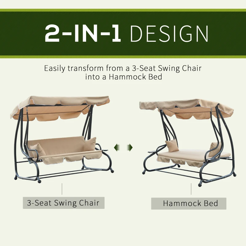 Outsunny Heavy-duty Metal 3 Seater Outdoor Swing Chair Garden Hammock Bed with Canopy and 2 Pillows Beige