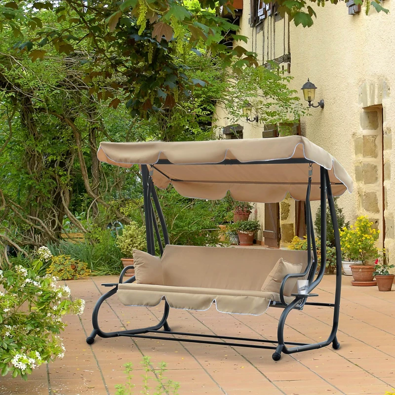 Outsunny Heavy-duty Metal 3 Seater Outdoor Swing Chair Garden Hammock Bed with Canopy and 2 Pillows Beige