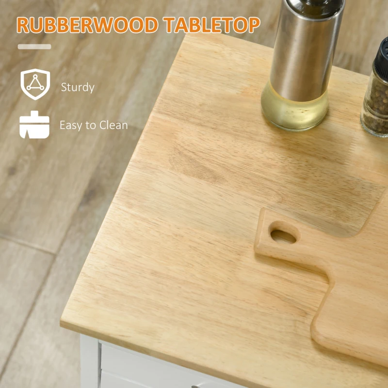 HOMCOM Kitchen Island with Storage, Bar Cart with 6-Bottle Wine Rack, Kitchen Cart with Natural Wood Top, 4 Drawers, 2 Removable Tray for Dining Room, Living Room, White