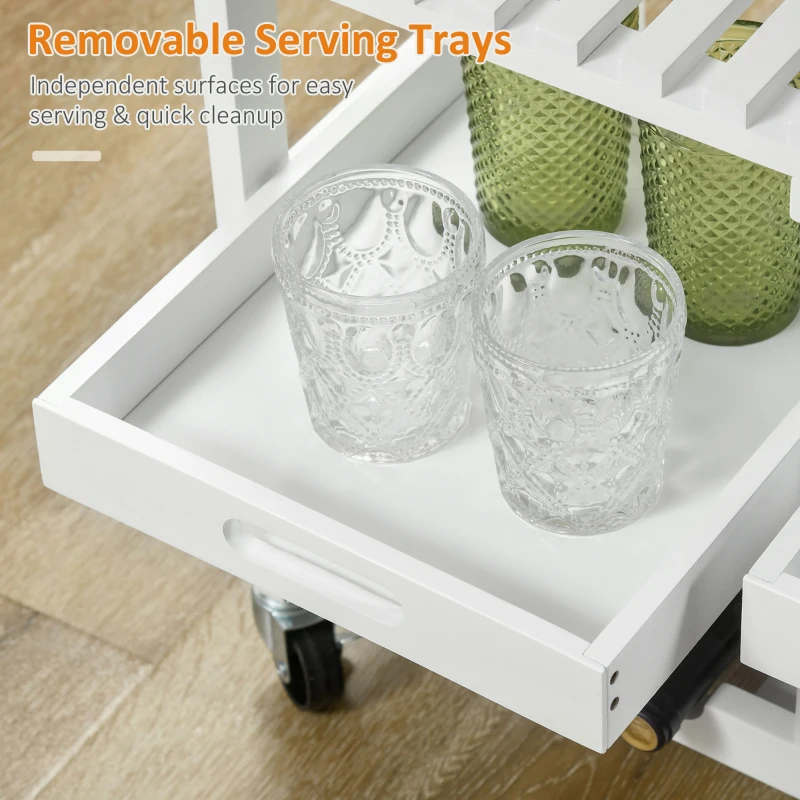 HOMCOM Kitchen Island with Storage, Bar Cart with 6-Bottle Wine Rack, Kitchen Cart with Natural Wood Top, 4 Drawers, 2 Removable Tray for Dining Room, Living Room, White